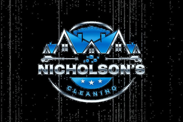 Nicholsons Cleaning logo featuring two Tudor-style houses with blue elements and stars on textured black background